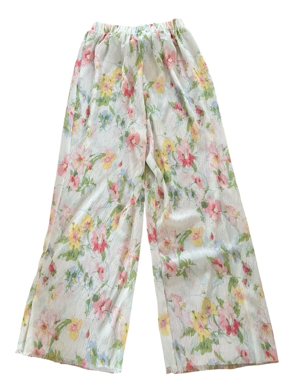 Shop Stevie Sheer Floral Crinkle Wide Leg Pants Raw Hem Cottagecore Size M